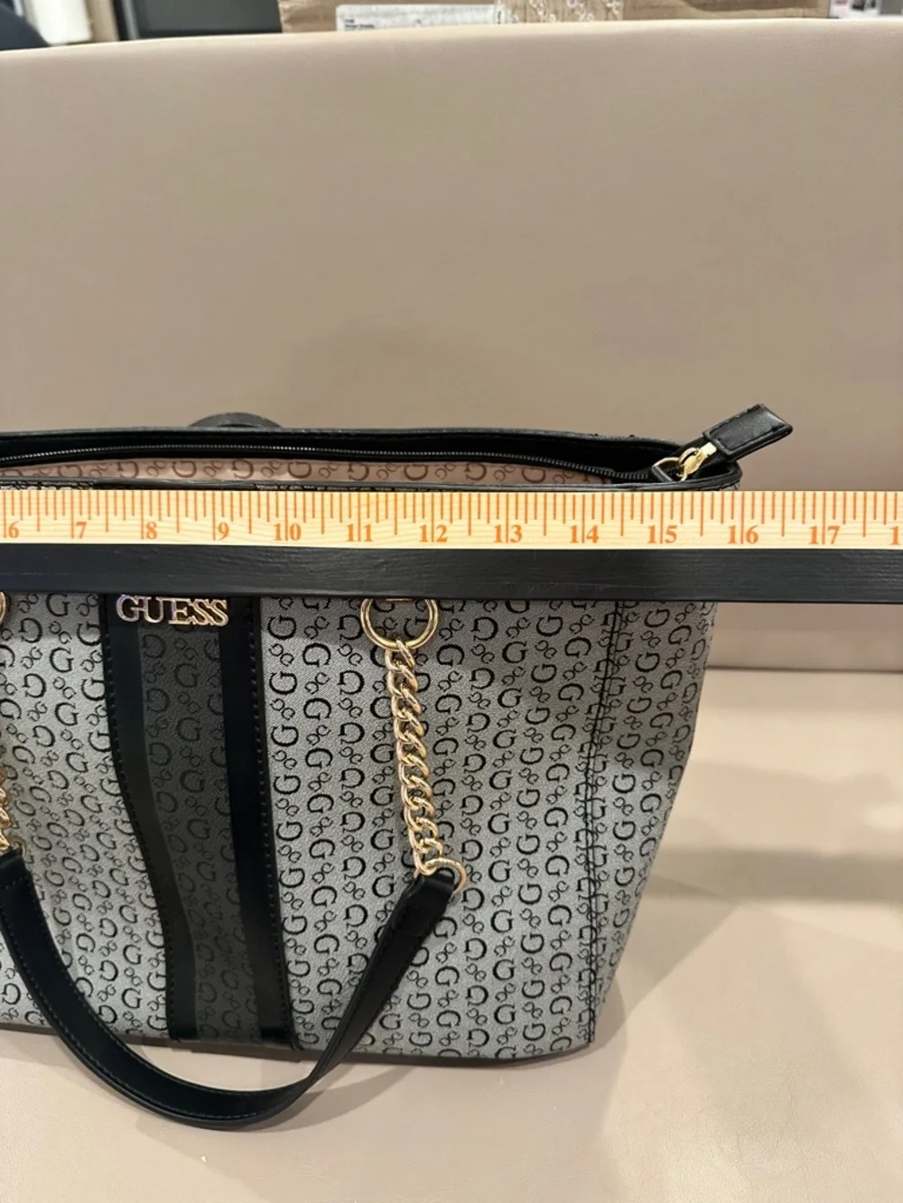 GUESS Black and Gray Logo Stripe Tote with Gold Chain Accents - Picture 8 of 8